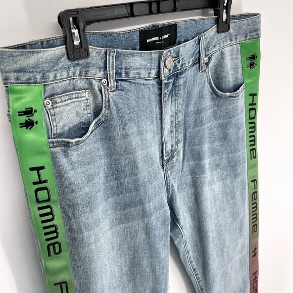 Homme + Femme NEW Tesla Skinny Blue Jeans Sz 38 Green Pink Gradient Logo Ribbon - Picture 2 of 8